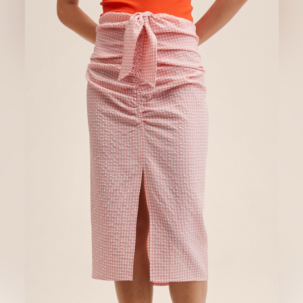 Mango Pink Midi Pencil Skirt with Ruched Slit
